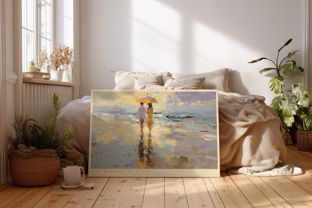 Paul Sinus Wandbild The Romance of Sunset – Paar unter Sonnenschirm am Strand in impressionistischem Stil symbolisiert Liebe und Harmonie