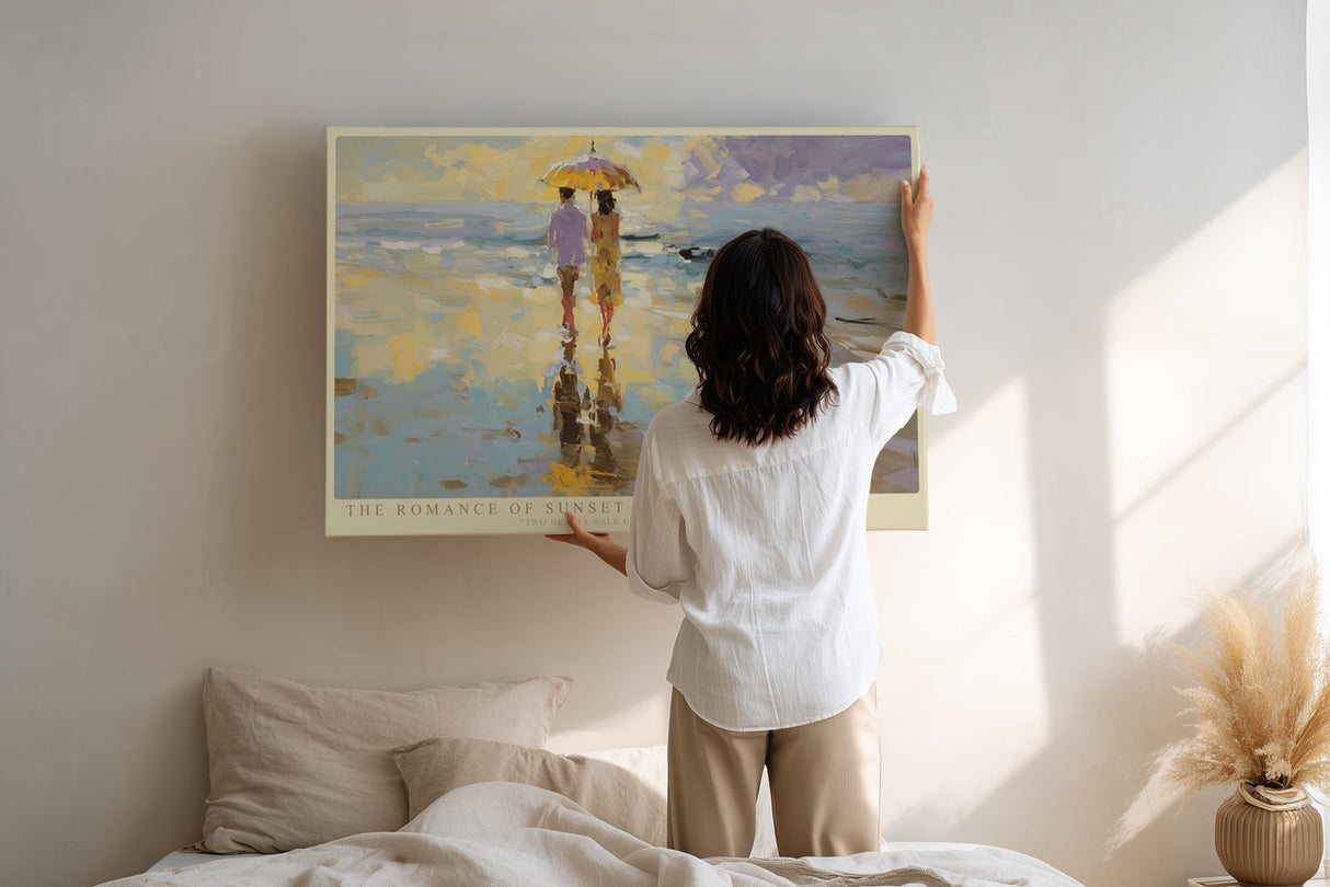 Paul Sinus Wandbild The Romance of Sunset – Paar unter Sonnenschirm am Strand in impressionistischem Stil symbolisiert Liebe und Harmonie