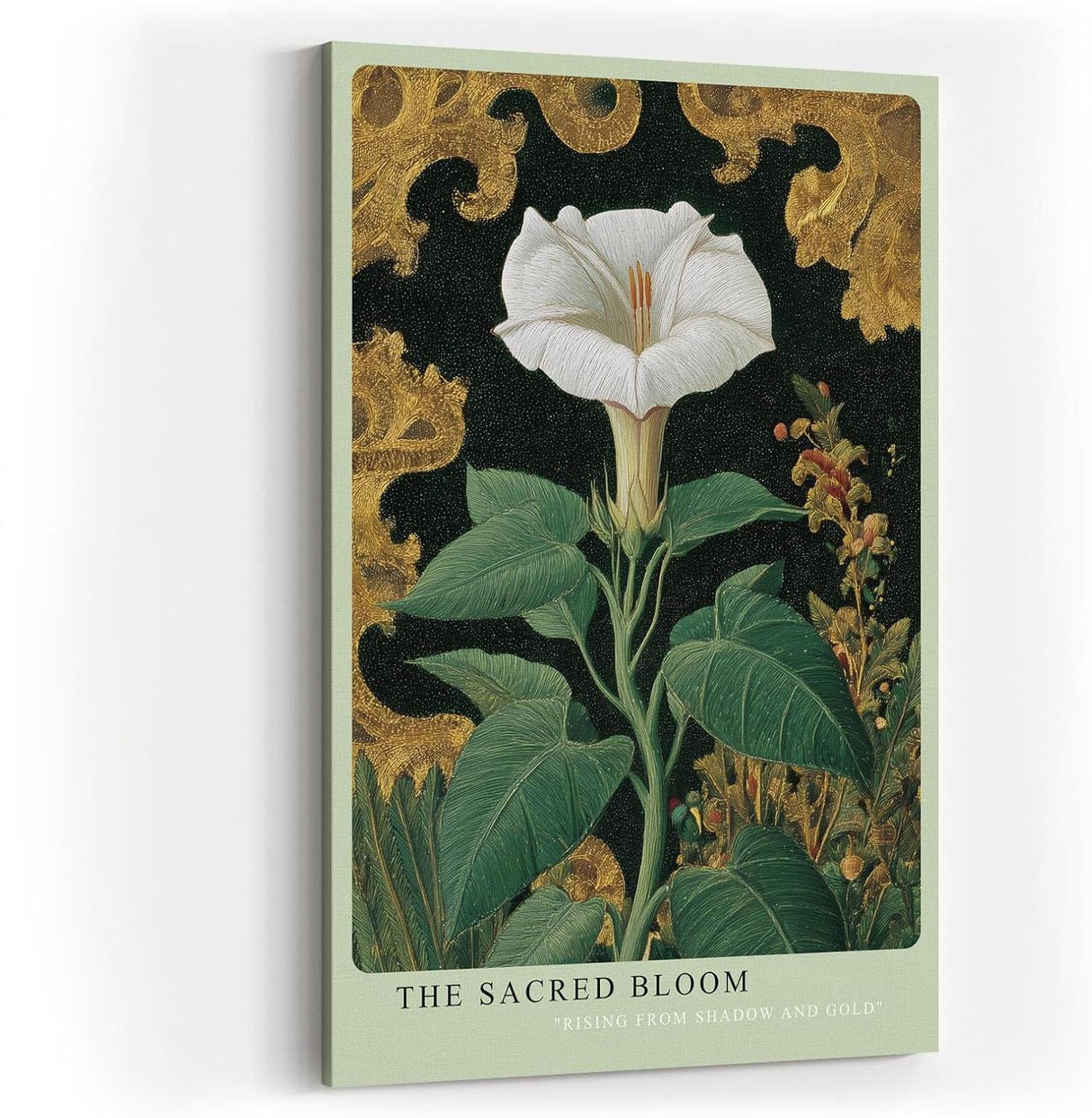 Paul Sinus Wandbild in 40x60cm The Sacred Bloom Botanische Darstellung einer weißen Blüte mit grünen Blättern vor golden verziertem Hintergrund