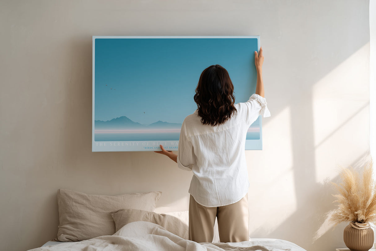 Paul Sinus Wandbild The Serenity of Blue Waters – Minimalistische Seelandschaft mit Boot und Vögeln unter klarem Himmel, Symbol für Freiheit und innere Balance