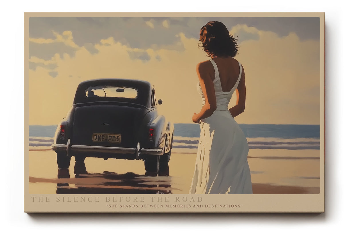 Paul Sinus Wandbild The Silence Before the Road – Romantische Szene am Strand mit Frau in weißem Kleid und Oldtimer, Symbol für Aufbruch, Erinnerung und Sehnsucht
