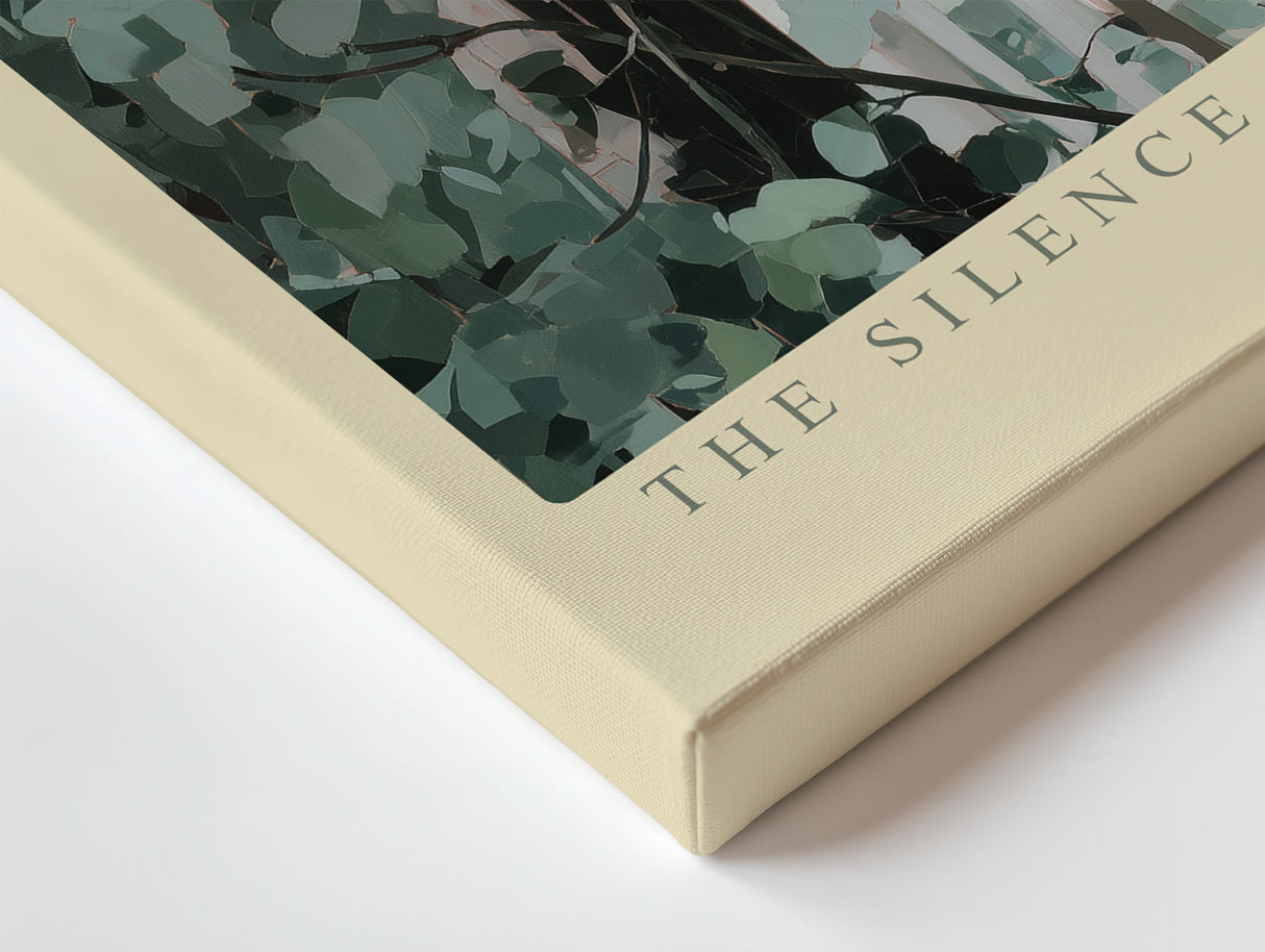 Paul Sinus Wandbild The Silence of the Trees – Frau im grünen Kleid zwischen Birken symbolisiert Ruhe, Verbundenheit und Naturharmonie