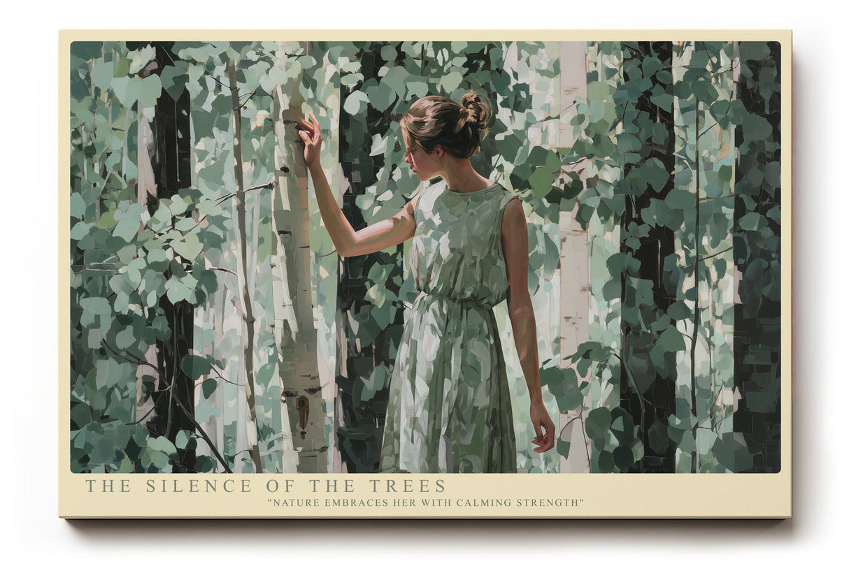 Paul Sinus Wandbild The Silence of the Trees – Frau im grünen Kleid zwischen Birken symbolisiert Ruhe, Verbundenheit und Naturharmonie