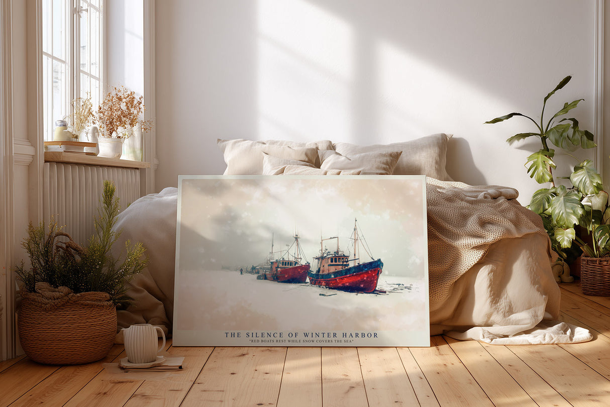 Paul Sinus Wandbild The Silence of Winter Harbor – rote Boote im verschneiten Hafen symbolisieren Ruhe, Einsamkeit und winterliche Schönheit