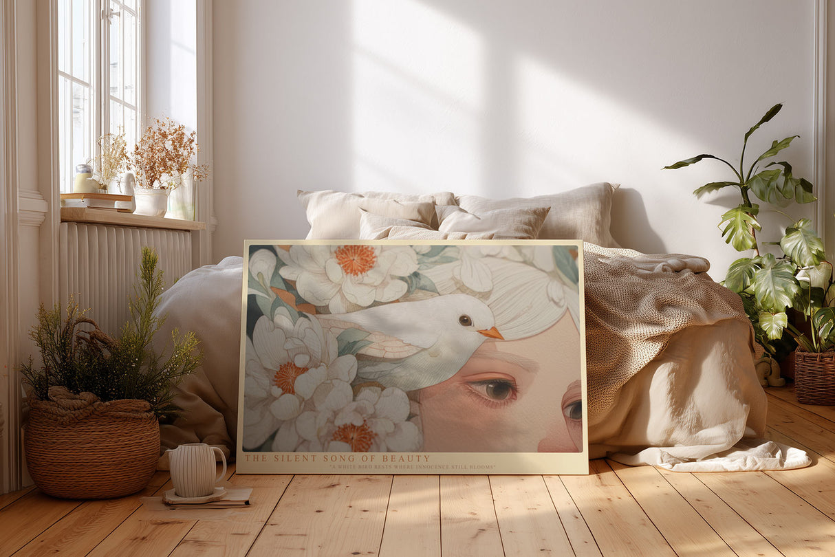 Paul Sinus Wandbild The Silent Song of Beauty – Weißer Vogel zwischen Blüten und Gesicht