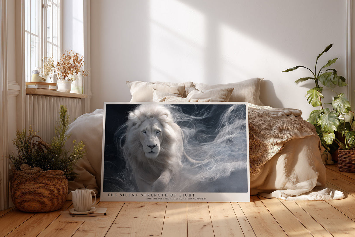 Paul Sinus Wandbild The Silent Strength of Light White Lion Emerging from Mists of Power