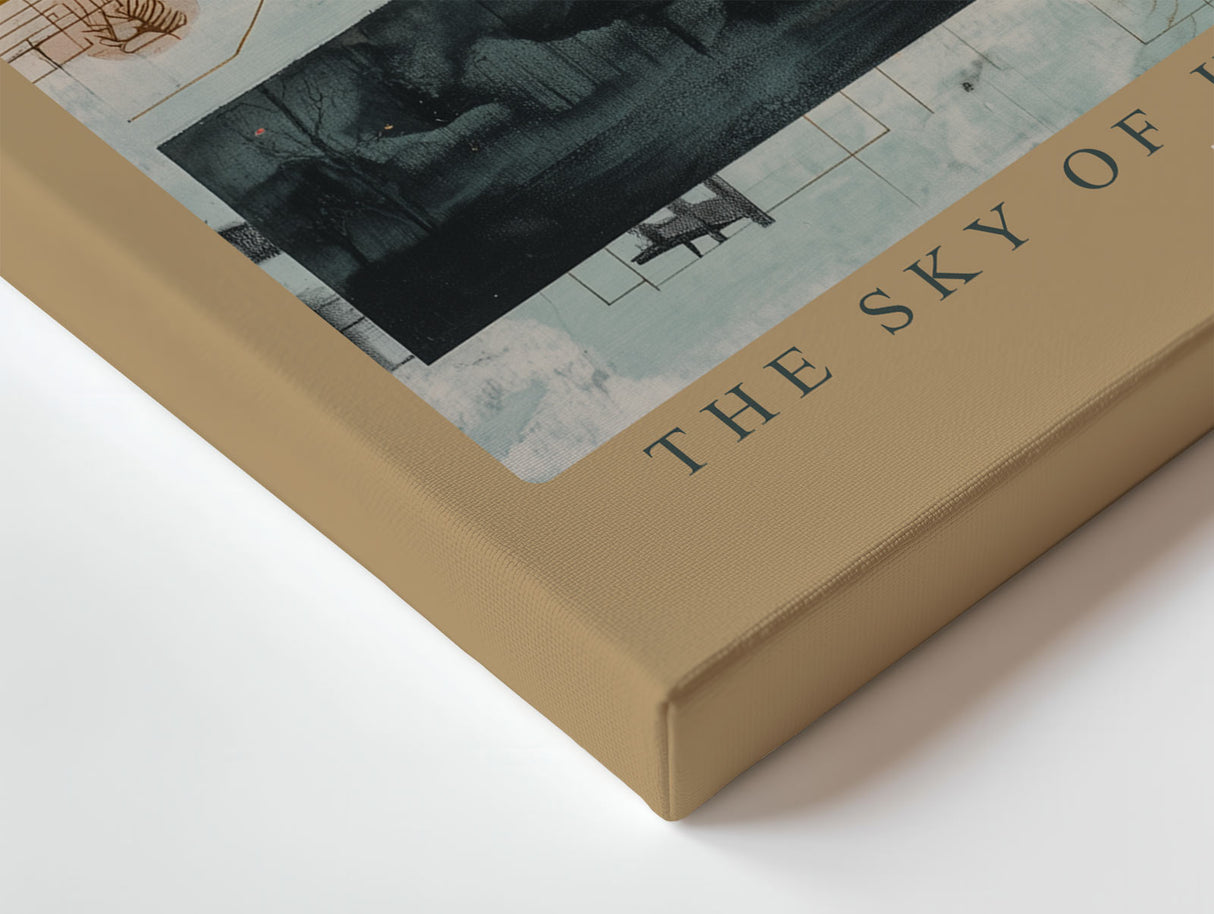 Paul Sinus Wandbild The Sky of Hidden Stories abstrakte Collage mit Linien, Wolken und geometrischen Strukturen