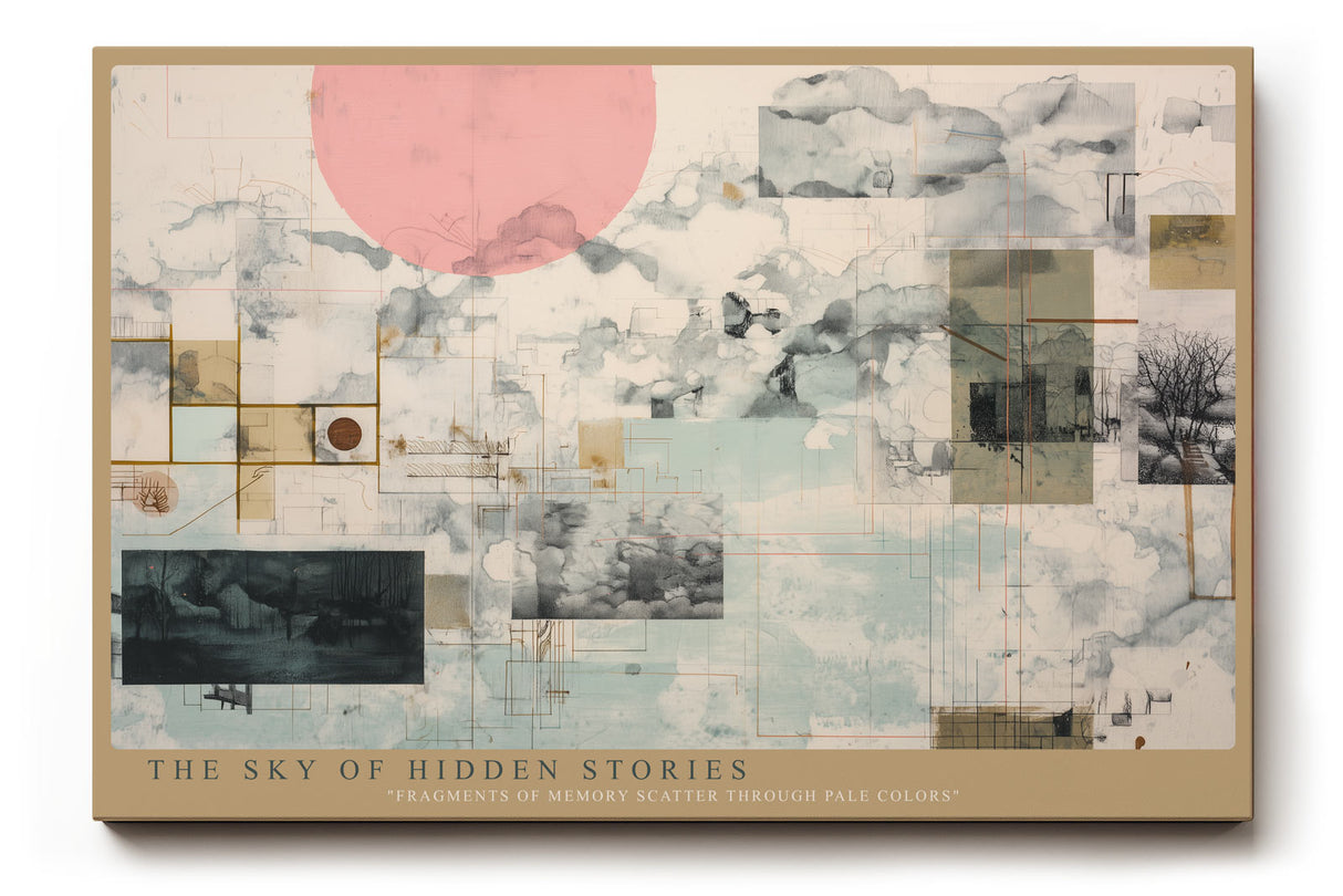 Paul Sinus Wandbild The Sky of Hidden Stories abstrakte Collage mit Linien, Wolken und geometrischen Strukturen