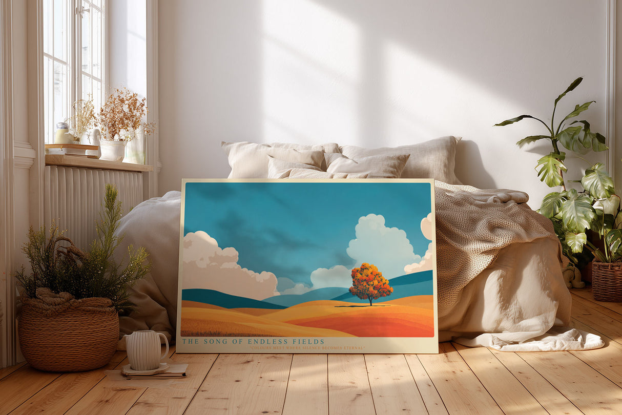 Paul Sinus Wandbild The Song of Endless Fields Poetische Landschaft mit weitem Horizont und goldenem Feld unter blauem Himmel – Sinnbild für Freiheit und Stille.