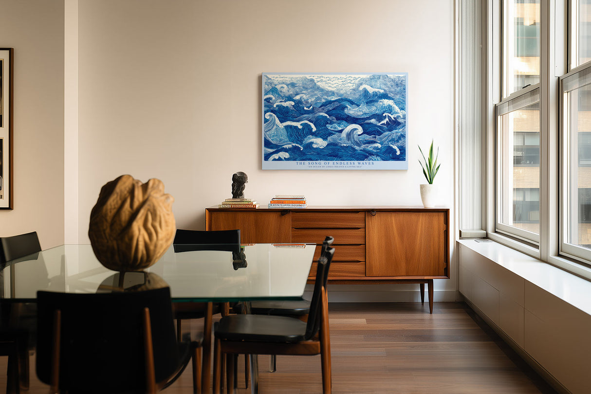 Paul Sinus Wandbild The Song of Endless Waves dynamisches Meeresmotiv mit blauen Linien und Wellenbewegung
