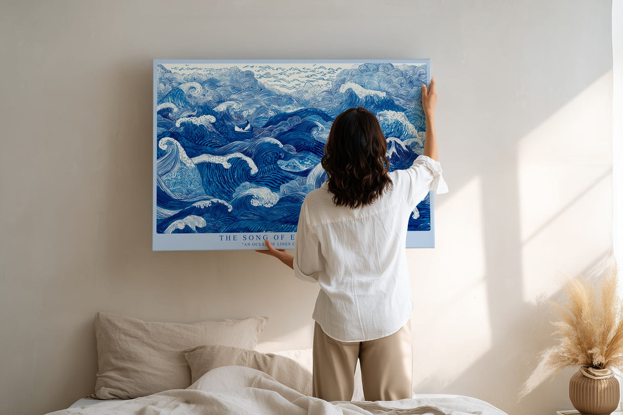 Paul Sinus Wandbild The Song of Endless Waves dynamisches Meeresmotiv mit blauen Linien und Wellenbewegung