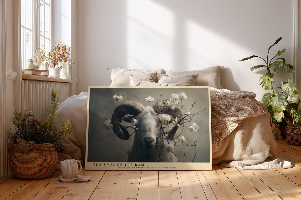 Paul Sinus Wandbild The Soul of the Ram – Ausdrucksstarkes Widderporträt mit floralen Elementen, Symbol für Stärke und Sanftmut in Einklang