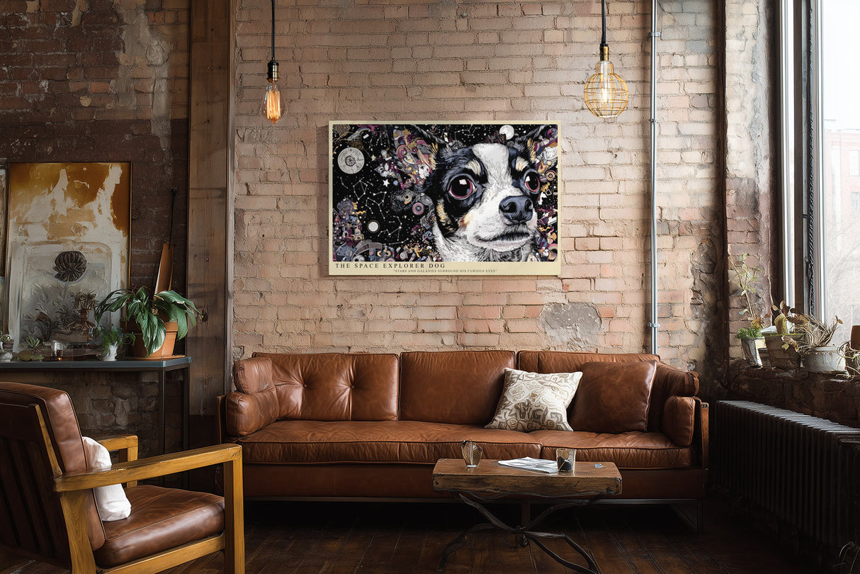Paul Sinus Wandbild The Space Explorer Dog Verspieltes Kunstmotiv eines Hundes im Weltraum, umgeben von Sternen, Galaxien und farbintensiver Fantasie.