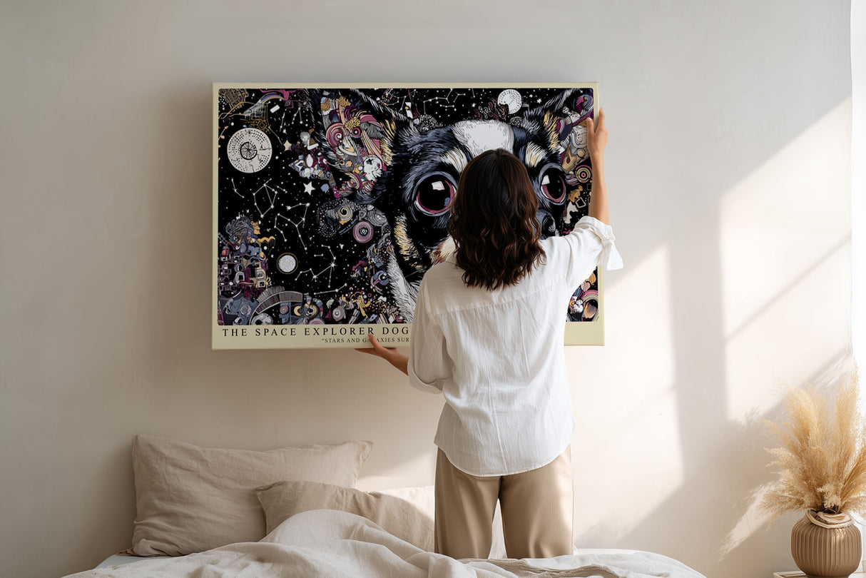 Paul Sinus Wandbild The Space Explorer Dog Verspieltes Kunstmotiv eines Hundes im Weltraum, umgeben von Sternen, Galaxien und farbintensiver Fantasie.