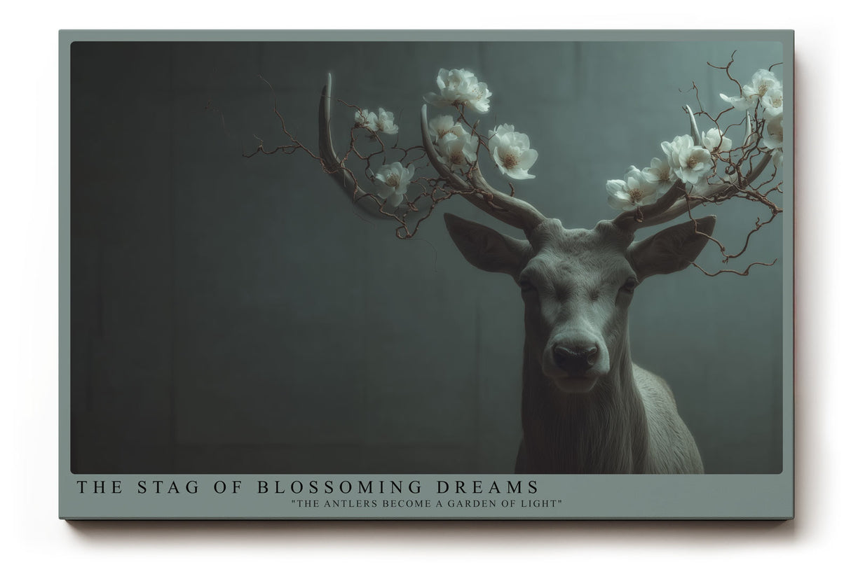 Paul Sinus Wandbild The Stag of Blossoming Dreams – Majestätischer Hirsch mit blühendem Geweih in mystischem Licht