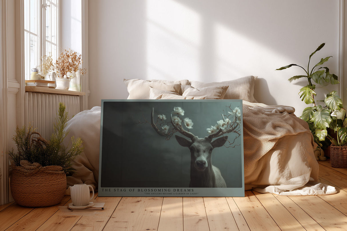 Paul Sinus Wandbild The Stag of Blossoming Dreams – Majestätischer Hirsch mit blühendem Geweih in mystischem Licht