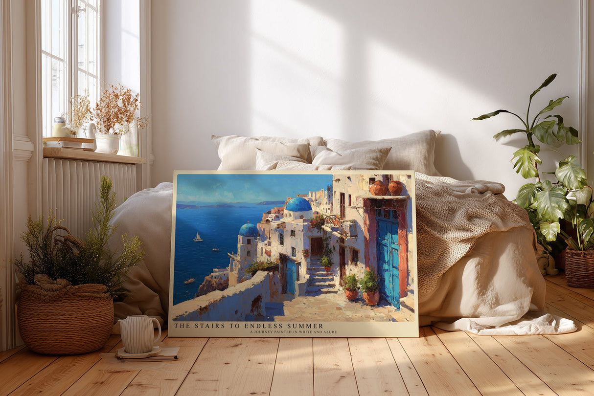 Paul Sinus Wandbild The Stairs to Endless Summer Greek Coastal Serenity in White and Blue