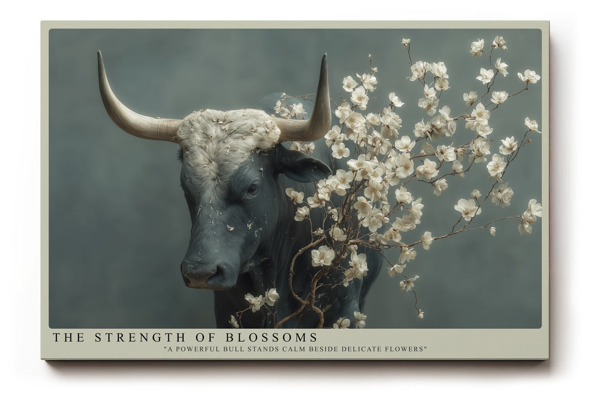 Paul Sinus Wandbild The Strength of Blossoms Eindrucksvolles Porträt eines Stiers, der von feinen Blütenzweigen umgeben ist – ein Spiel aus Kraft und Sanftheit.