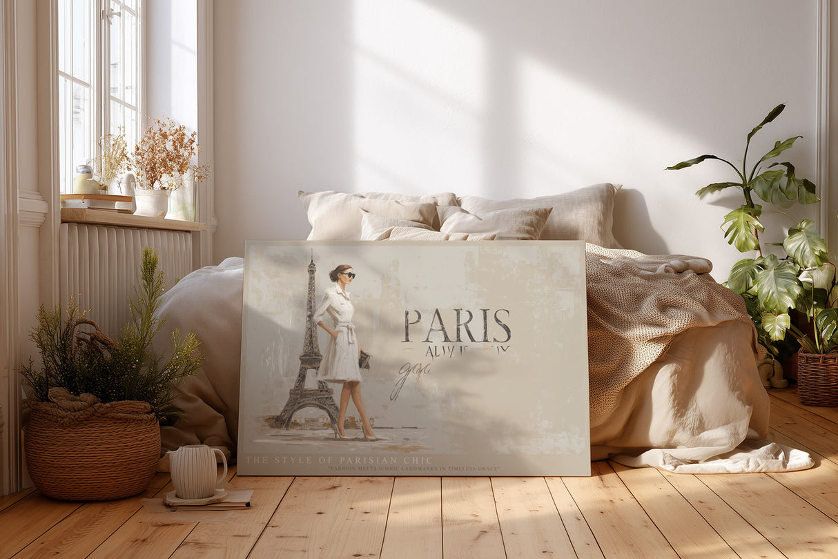 Paul Sinus Wandbild The Style of Parisian Chic – Modebewusste Frau vor dem Eiffelturm, Symbol für Eleganz, Stil und französische Lebensart