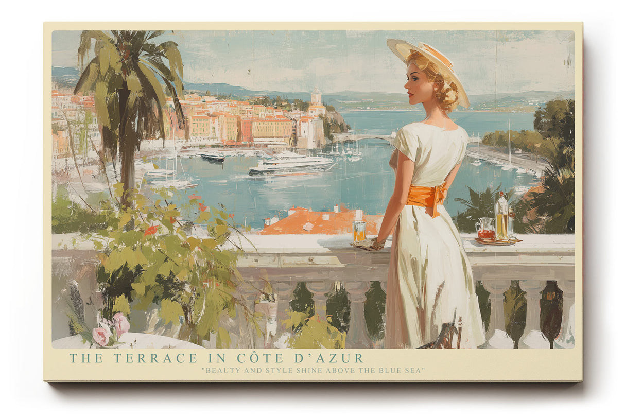 Paul Sinus Wandbild The Terrace in Côte d’Azur elegantes Sommermotiv mit Frau auf Terrasse und Blick auf das Meer