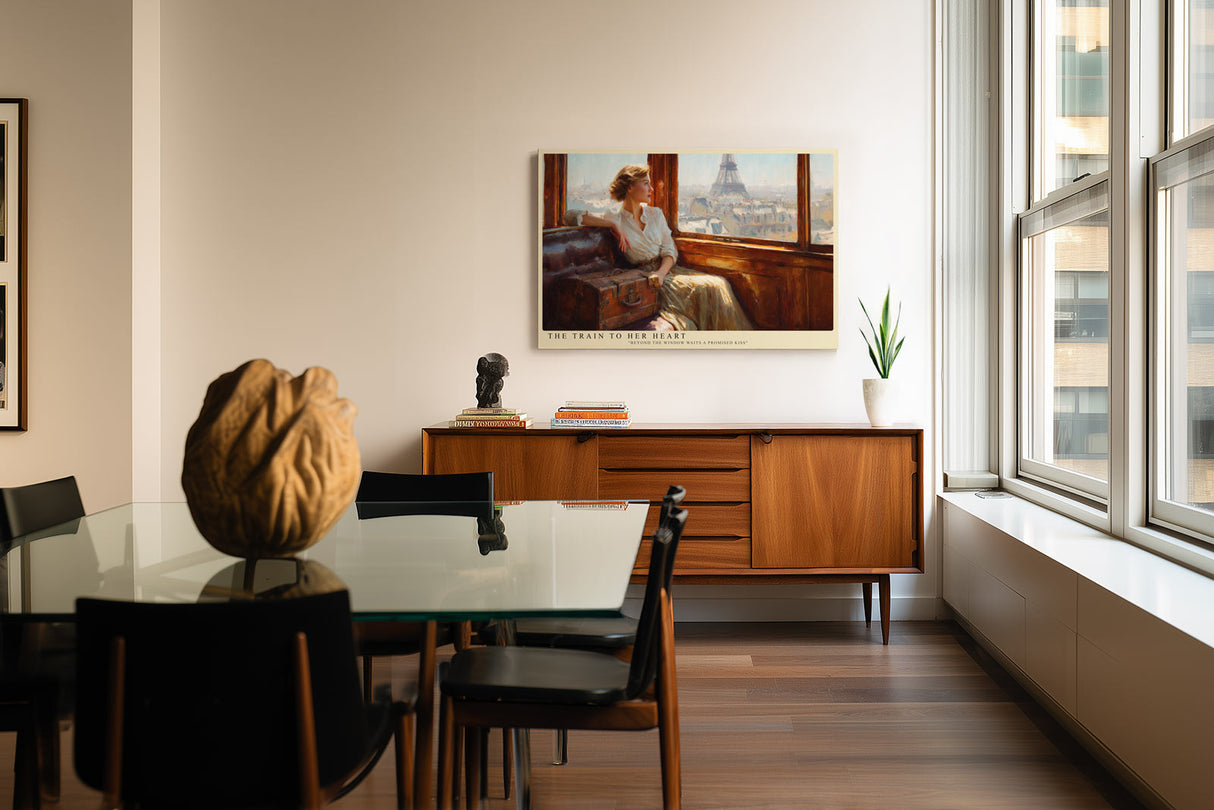 Paul Sinus Wandbild The Train to Her Heart – Frau im Zug mit Blick auf Paris symbolisiert Sehnsucht, Liebe und nostalgische Eleganz