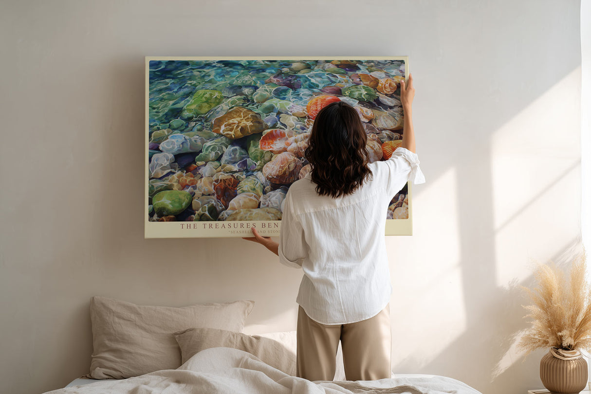 Paul Sinus Wandbild The Treasures Beneath Clear Waters – Realistisches Meeresmotiv mit Muscheln und Steinen im klaren Wasser, farbenfrohes Naturkunstwerk