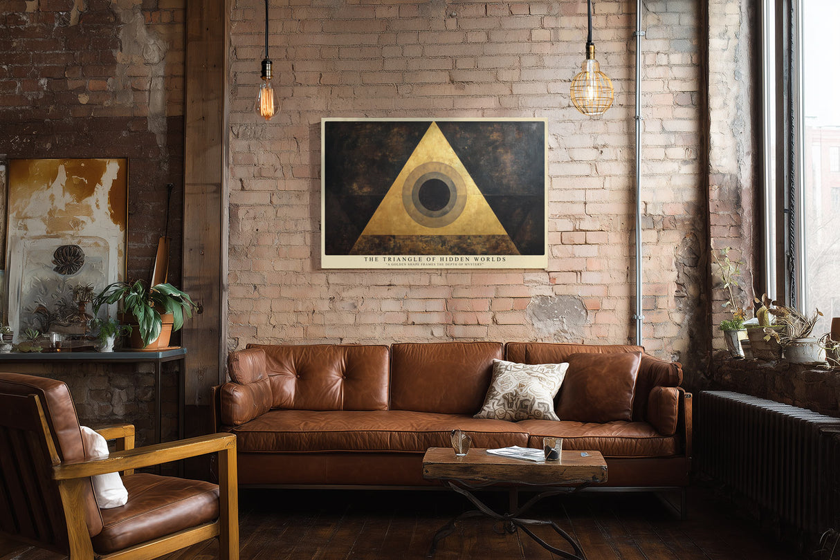Paul Sinus Wandbild The Triangle of Hidden Worlds geometrisches Kunstmotiv mit goldenem Dreieck und Kreissymbol