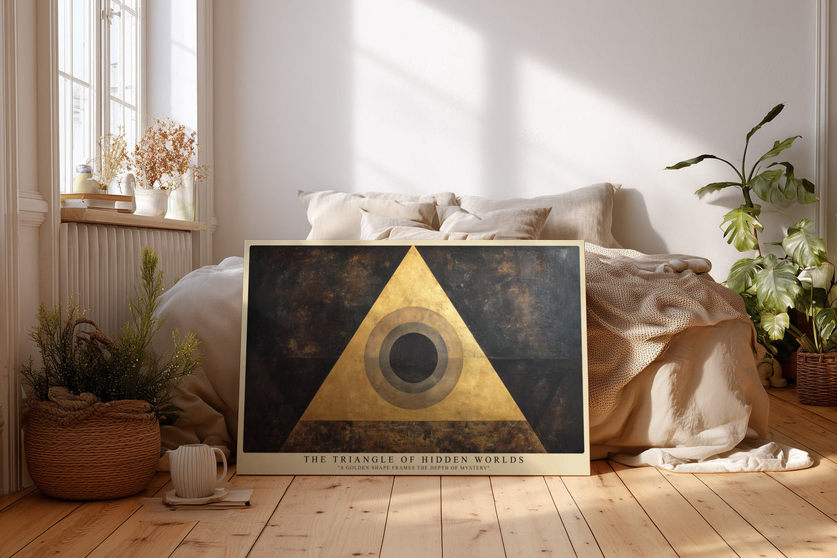 Paul Sinus Wandbild The Triangle of Hidden Worlds geometrisches Kunstmotiv mit goldenem Dreieck und Kreissymbol