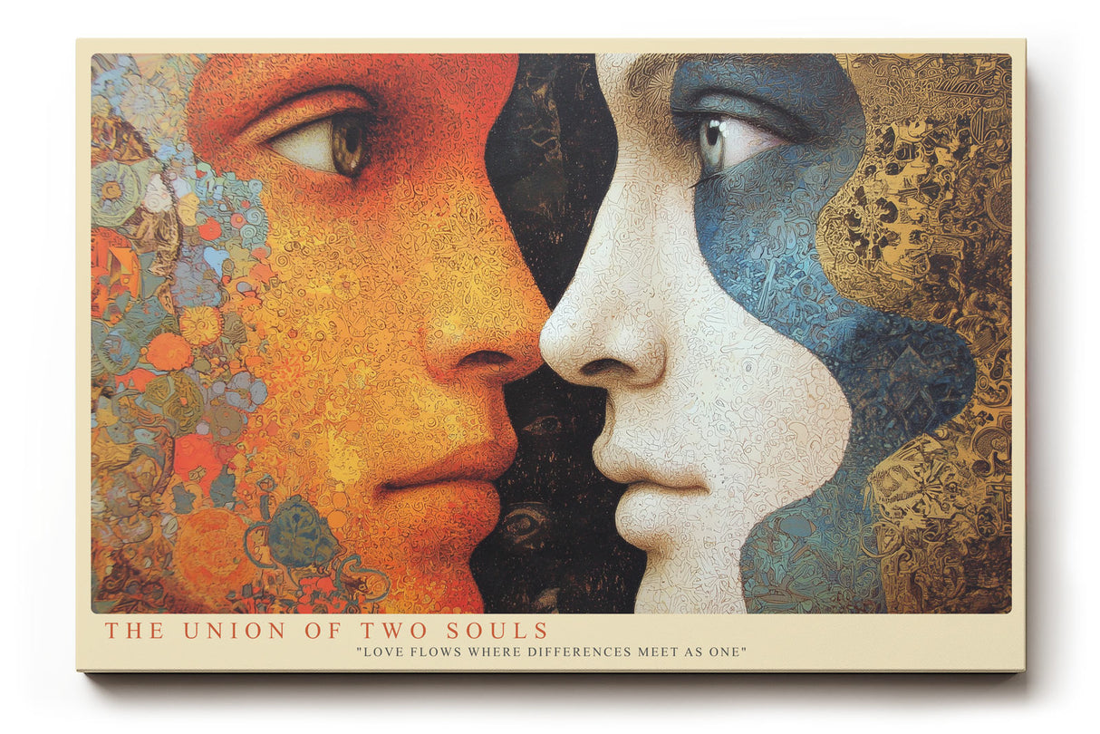 Paul Sinus Wandbild The Union of Two Souls ausdrucksstarkes Porträtmotiv zweier Gesichter in warmen und kühlen Farbtönen