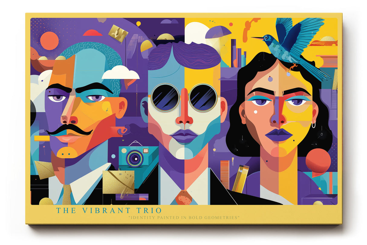 Paul Sinus Wandbild The Vibrant Trio farbenfrohes Porträtmotiv mit geometrischem Stil und drei Gesichtern für moderne Räume voller Energie und Ausdruckskraft