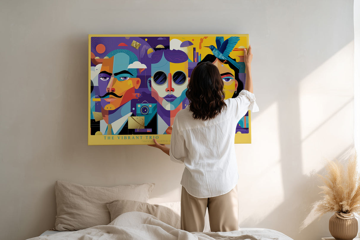 Paul Sinus Wandbild The Vibrant Trio farbenfrohes Porträtmotiv mit geometrischem Stil und drei Gesichtern für moderne Räume voller Energie und Ausdruckskraft