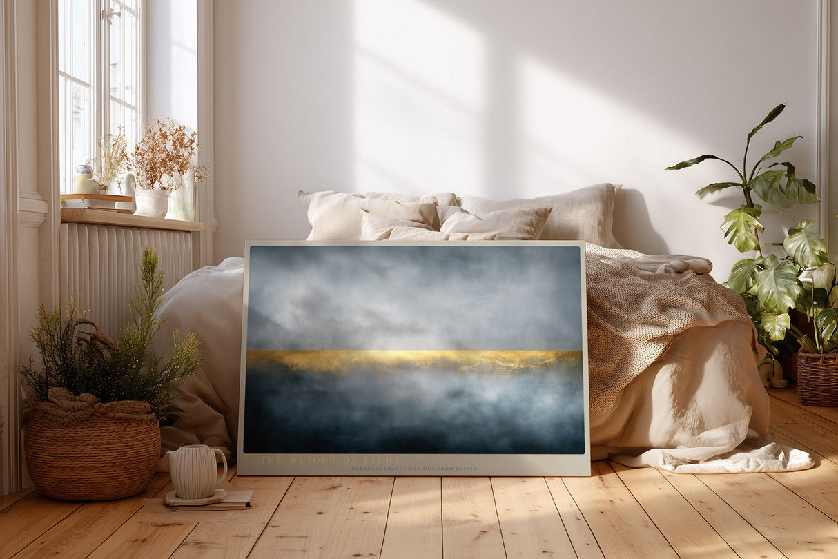 Paul Sinus Wandbild The Weight of Light Abstract Horizon with Golden Balance in Mist and Shadow