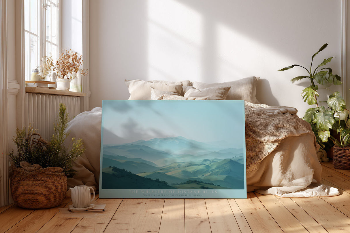 Paul Sinus Wandbild The Whispers of Distant Hills – Sanfte Hügel in Blau- und Grüntönen in endloser Weite