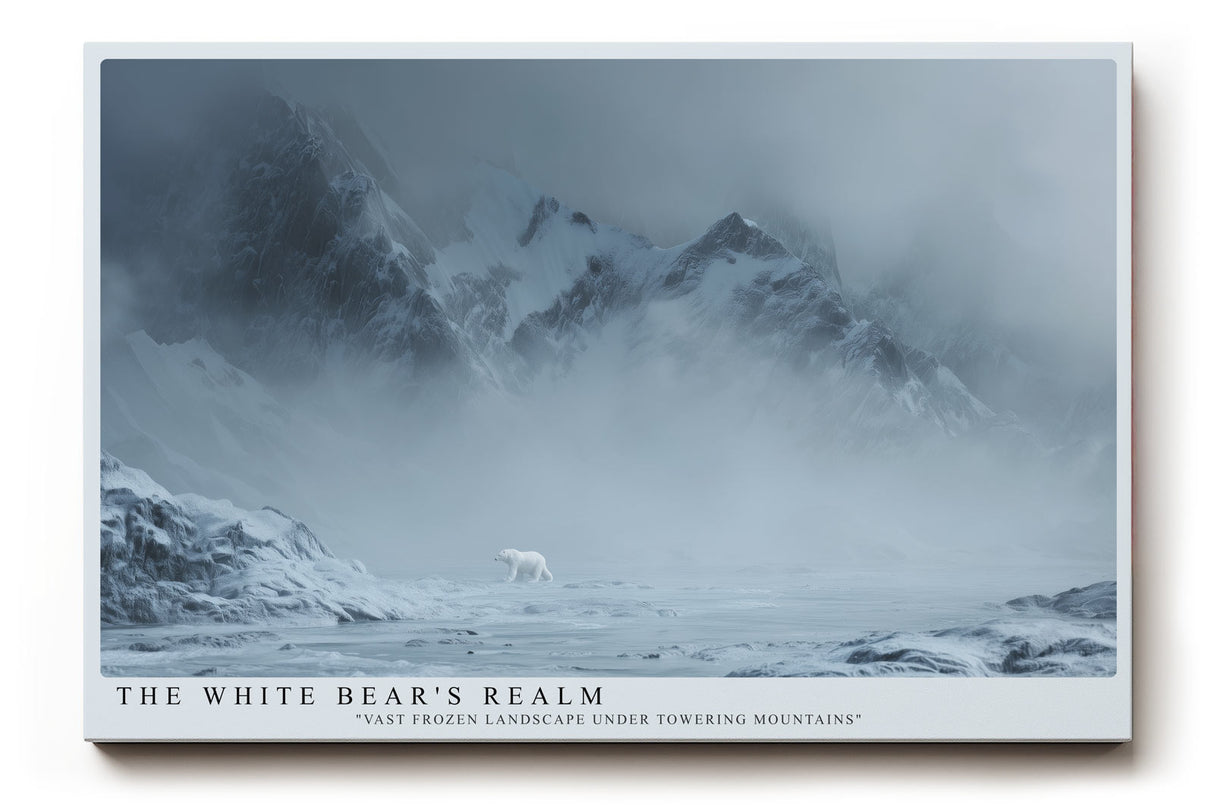 Paul Sinus Wandbild The White Bears Realm Eindrucksvolle Winterlandschaft mit Eisbär vor majestätischen Bergen und nebelverhangenem Horizont.
