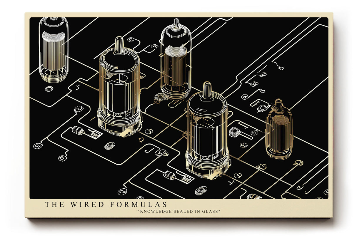 Paul Sinus Wandbild The Wired Formulas technisches Kunstwerk mit Röhren, Leiterbahnen und goldenen Linien im industriellen Stil für moderne Räume mit Tiefgang