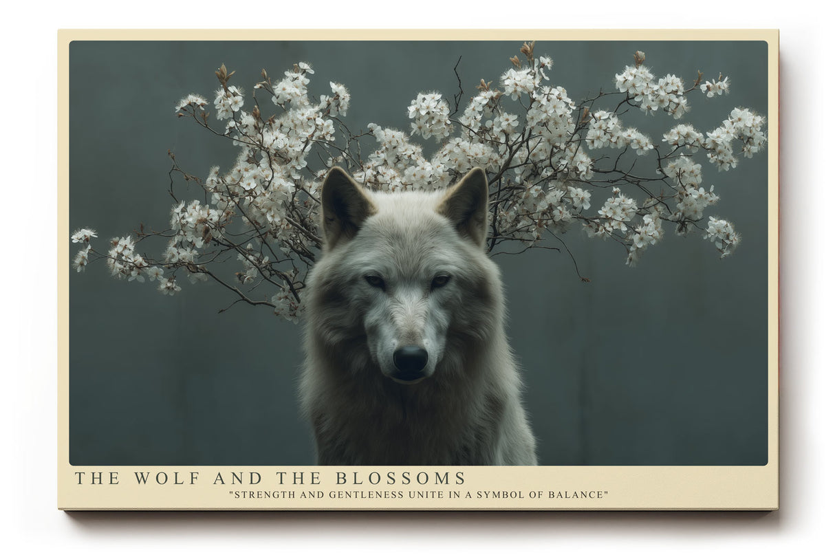 Paul Sinus Wandbild The Wolf and the Blossoms Eindrucksvolles Tierporträt eines Wolfes, umgeben von zarten Blütenzweigen – Symbol für Stärke und Sanftmut.