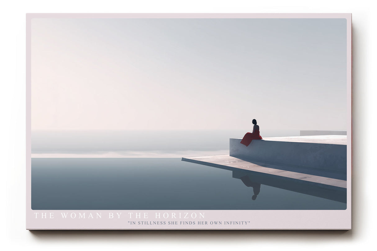 Paul Sinus Wandbild The Woman by the Horizon minimalistische Komposition einer Frau in Rot an einem stillen Meereshorizont