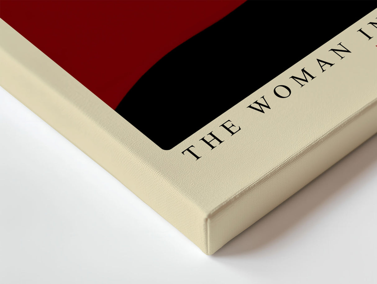 Paul Sinus Wandbild The Woman in Black Hat – Stilvolles Porträt einer Frau im schwarzen Hut vor rotem Hintergrund, Symbol für Eleganz, Stärke und Geheimnis