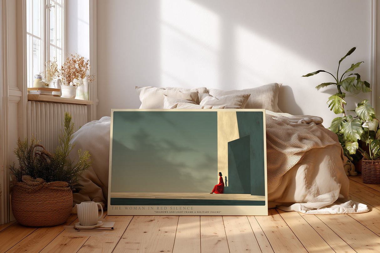 Paul Sinus Wandbild The Woman in Red Silence – Minimalistische Szene mit Frau in rotem Kleid im Spiel von Licht und Schatten, Symbol für Ruhe, Stärke und innere Balance