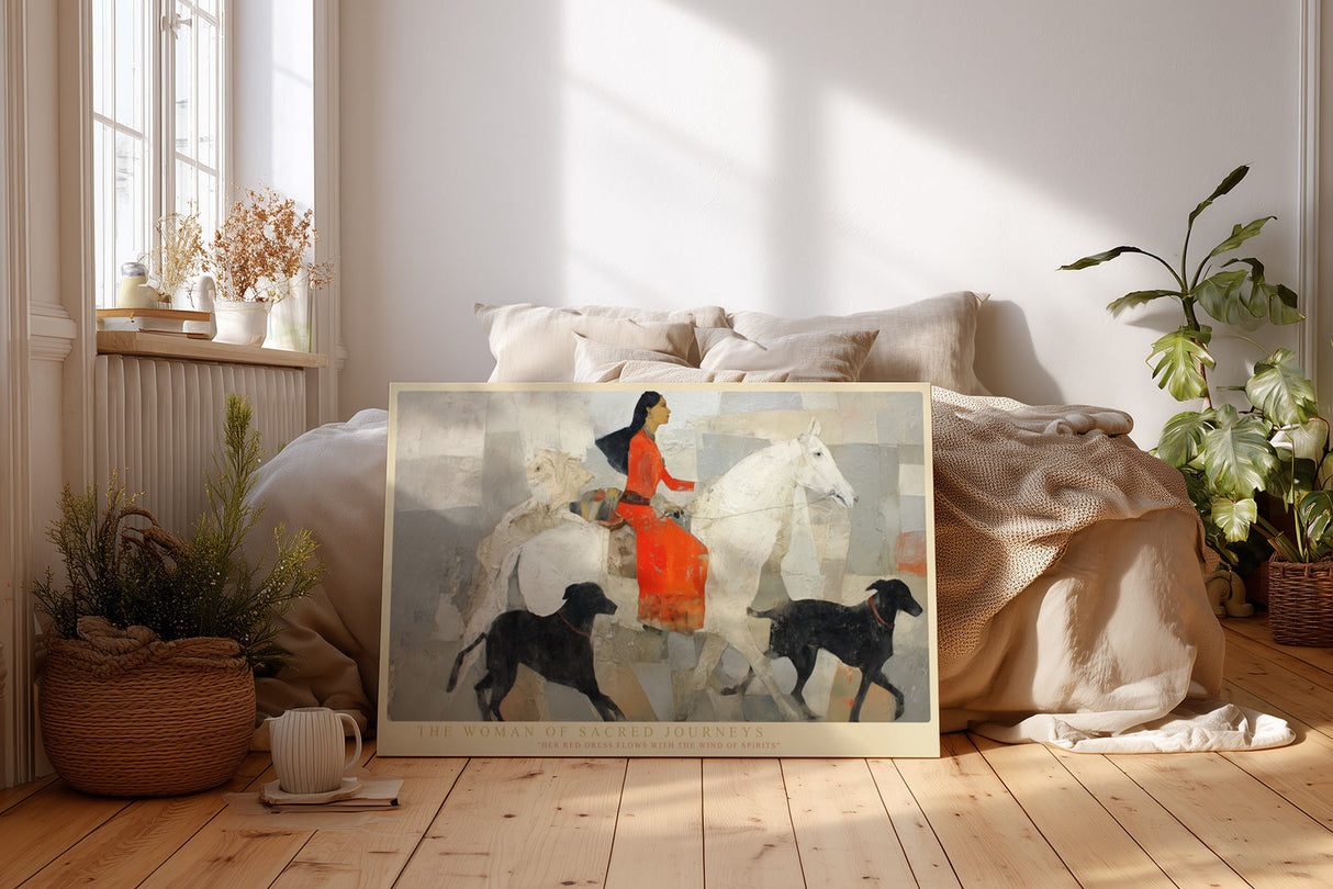 Paul Sinus Wandbild The Woman of Sacred Journeys – Ausdrucksstarkes Reitermotiv mit Frau im roten Kleid und Hunden, symbolträchtige Komposition in Erd- und Weißtönen
