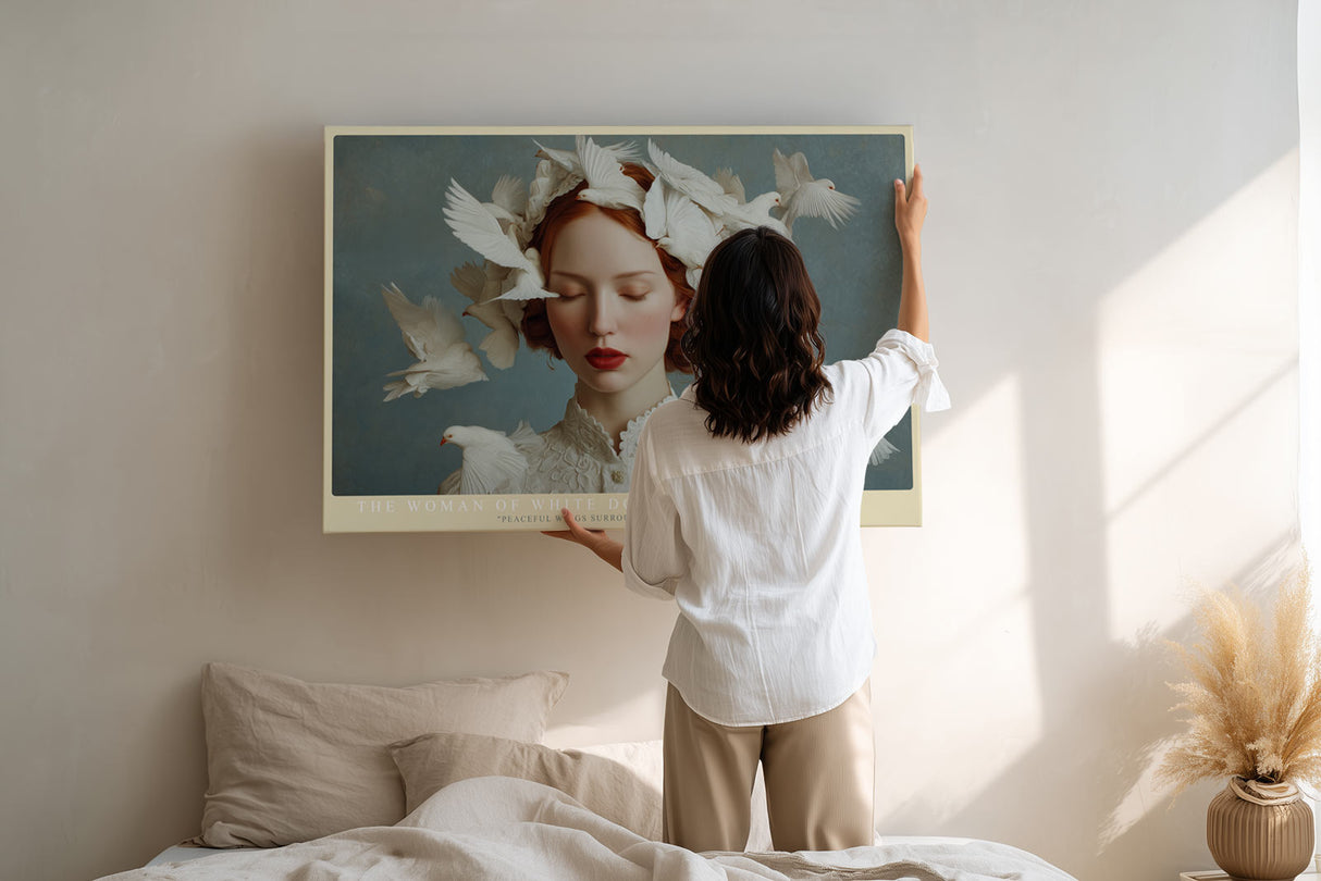 Paul Sinus Wandbild The Woman of White Doves emotionales Porträt einer Frau mit weißen Tauben in zarter Komposition