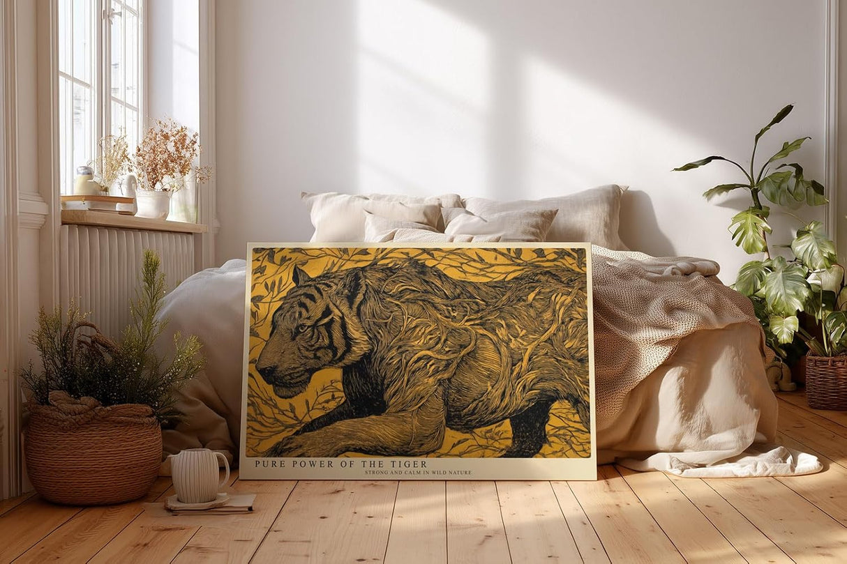 Paul Sinus Wandbild 120x80cm Tiger Illustration in Gold Schwarz Moderne Tierkunst Wanddekoration