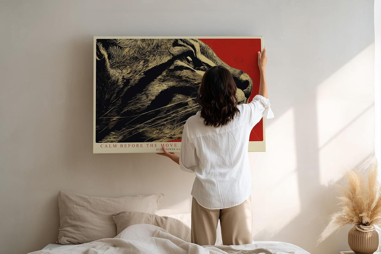Paul Sinus Wandbild 120x80cm Tiger Portrait moderne Tier Illustration mit roten Hintergrund stilvolle Wanddekoration fuer Wohnzimmer Büro