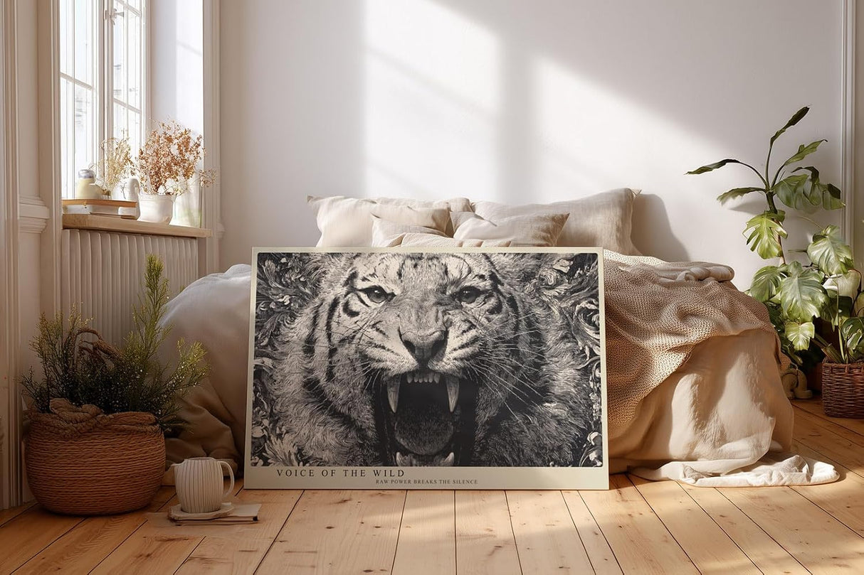 Paul Sinus Wandbild 120x80cm Tiger Portrait Schwarz Weiß Wildtier Kunst für Wohnzimmer Büro und Atelier