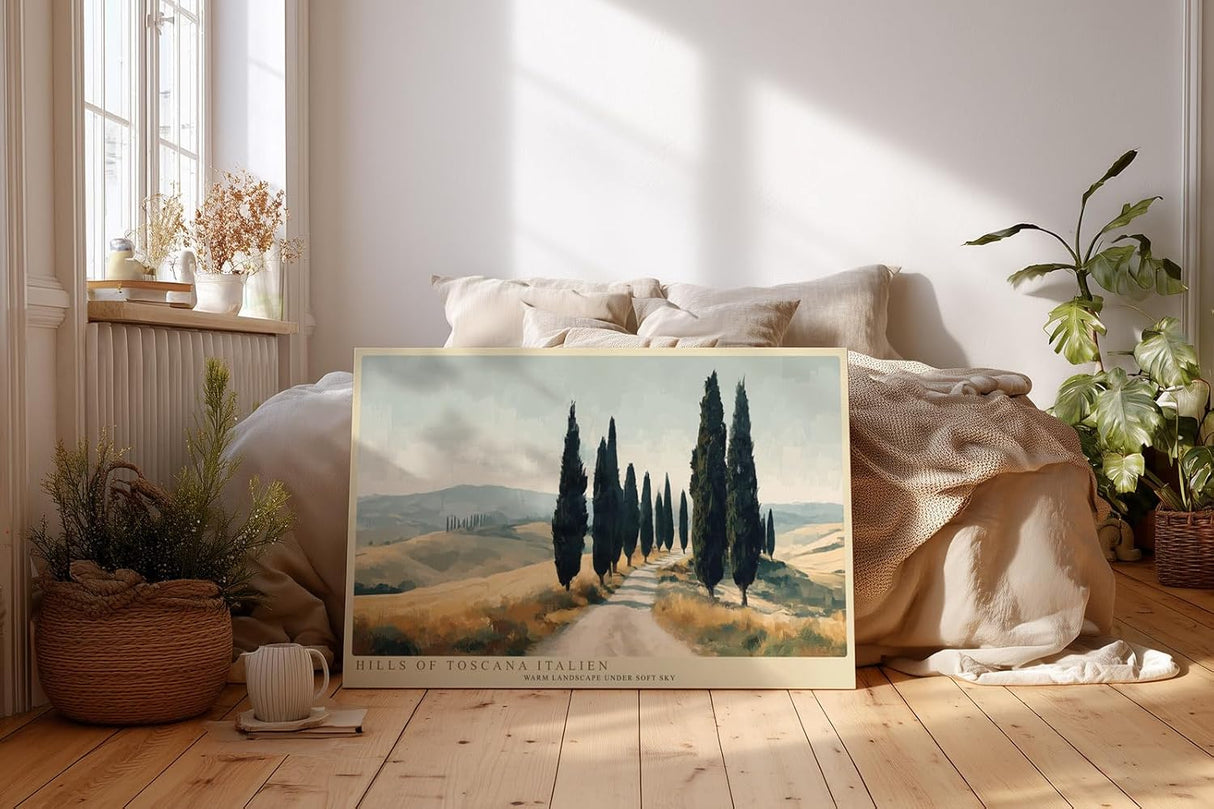 Paul Sinus Wandbild 120x80cm toskanische Landschaft Zypressen Allee mediterrane Hügel warme Naturfarben ruhige Landschaft Kunstbild stilvolle
