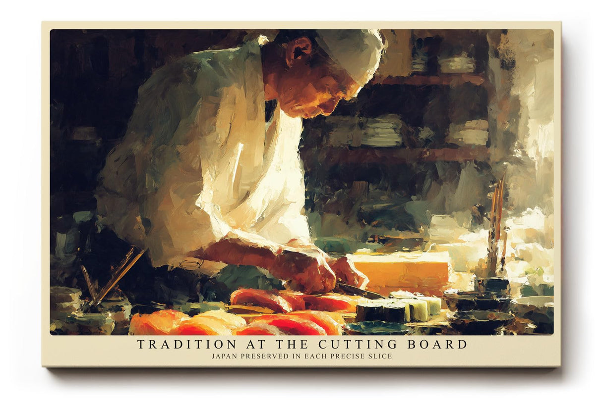 Paul Sinus Wandbild 120x80cm Tradition am Schneidebrett japanische Kochkunst atmosphaerisches Kuechenmotiv Kunstdruck fuer Kueche Restaurant und Essbereich
