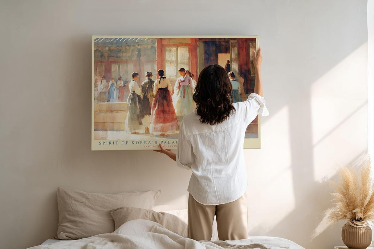 Paul Sinus Wandbild 120x80cm Traditionelle koreanische Hofszene mit Hanbok Gewaendern Kulturelle Kunst in sanften Pastellfarben