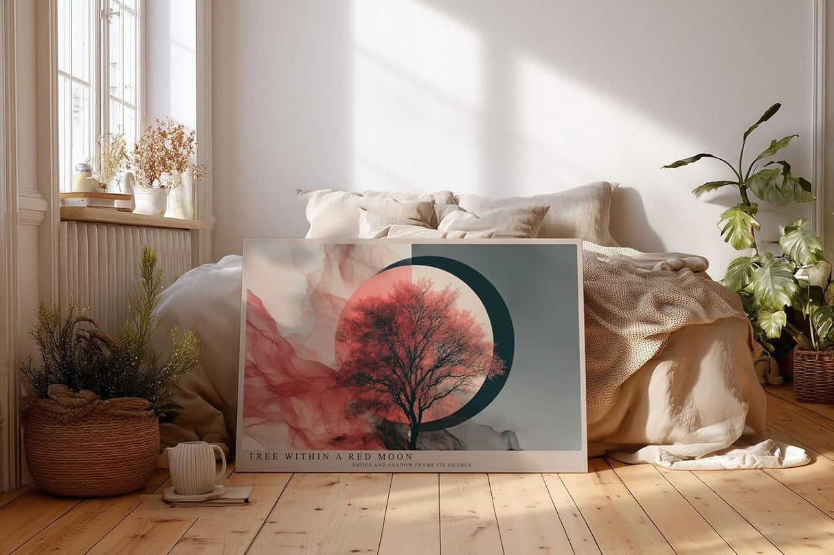 Paul Sinus Wandbild 120x80cm Tree Within a Red Moon moderner Baum mit rotem Mond abstrakte Natur Kunst Poster für Wohnzimmer Schlafzimmer