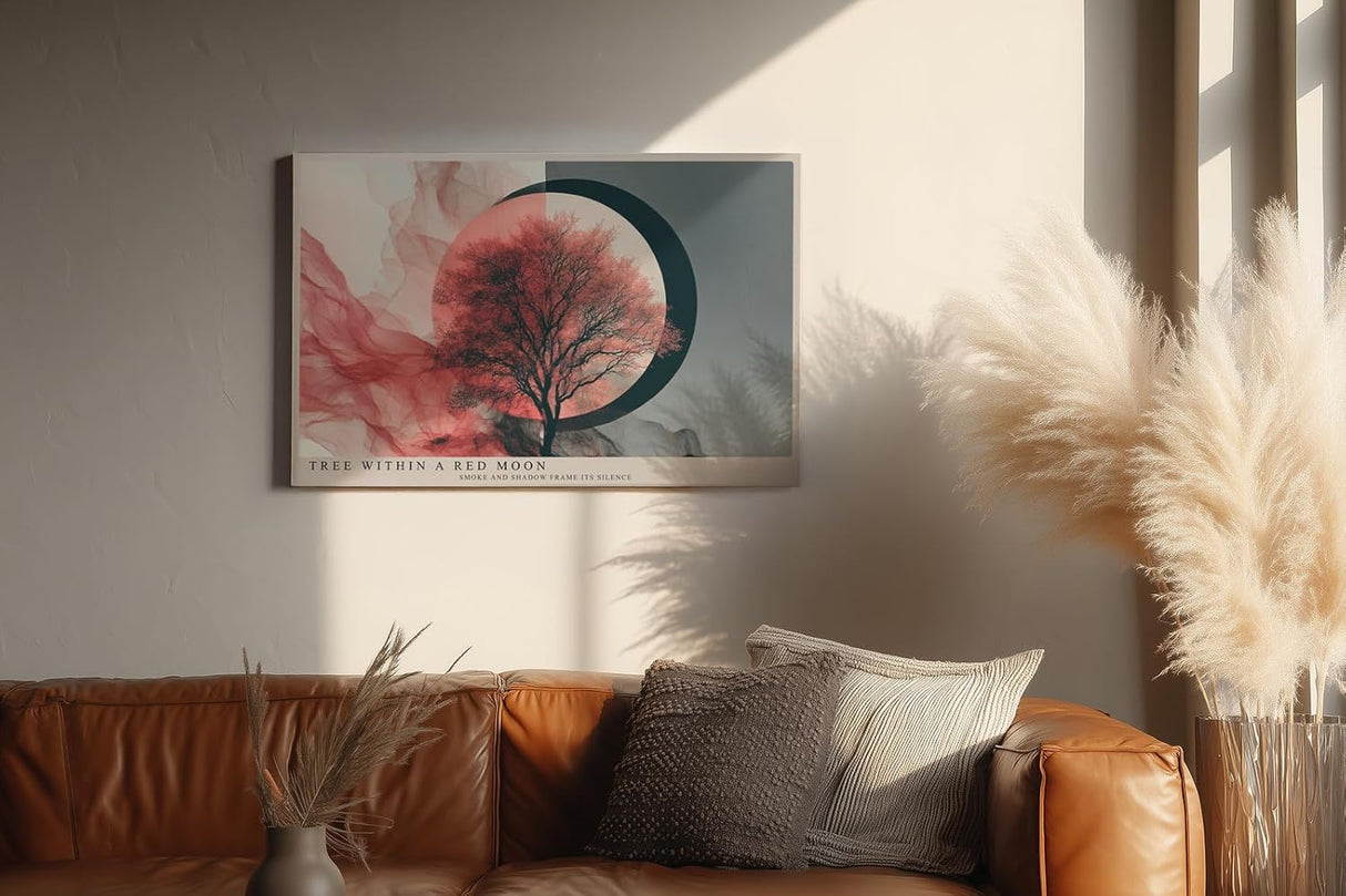 Paul Sinus Wandbild 120x80cm Tree Within a Red Moon moderner Baum mit rotem Mond abstrakte Natur Kunst Poster für Wohnzimmer Schlafzimmer