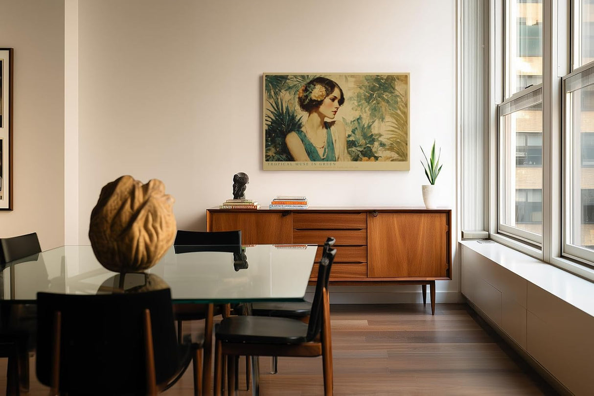 Paul Sinus Wandbild 120x80cm Tropical Muse in Green elegantes Frauenportrait mit Blumen tropische Kunst Poster für Wohnzimmer Schlafzimmer